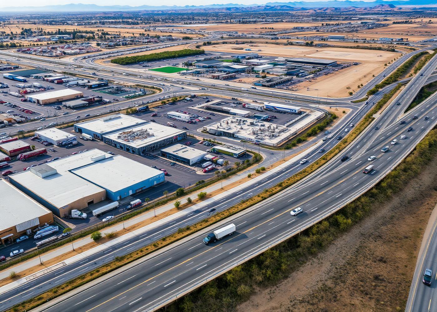 Aerial view of an Inland Empire industrial area alongside a multi-lane interstate freeway