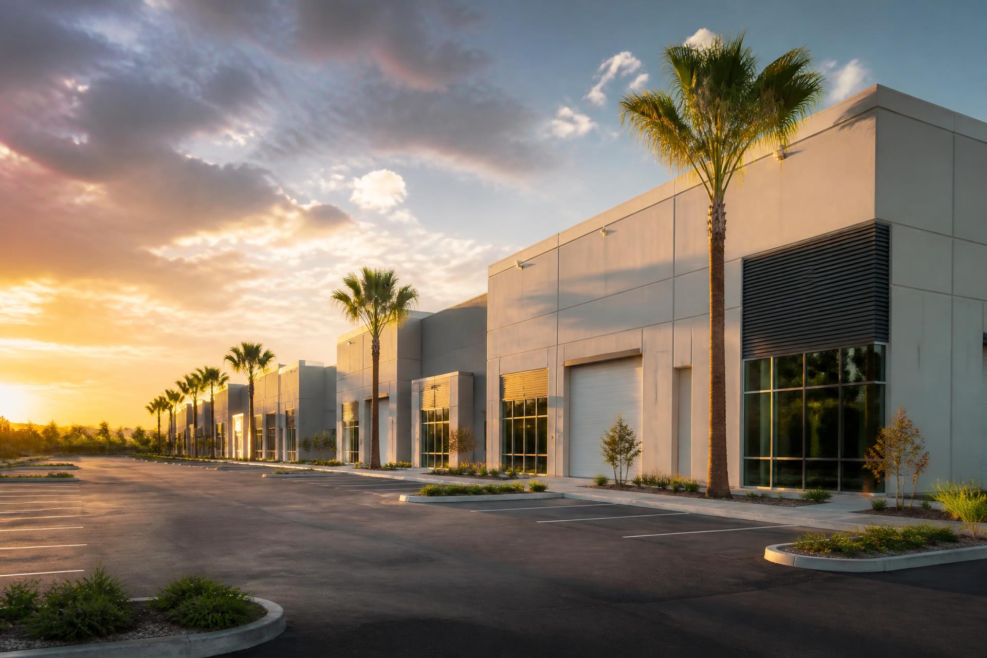 Multi-tenant industrial buildings with ground-level loading doors at a Southern California business park
