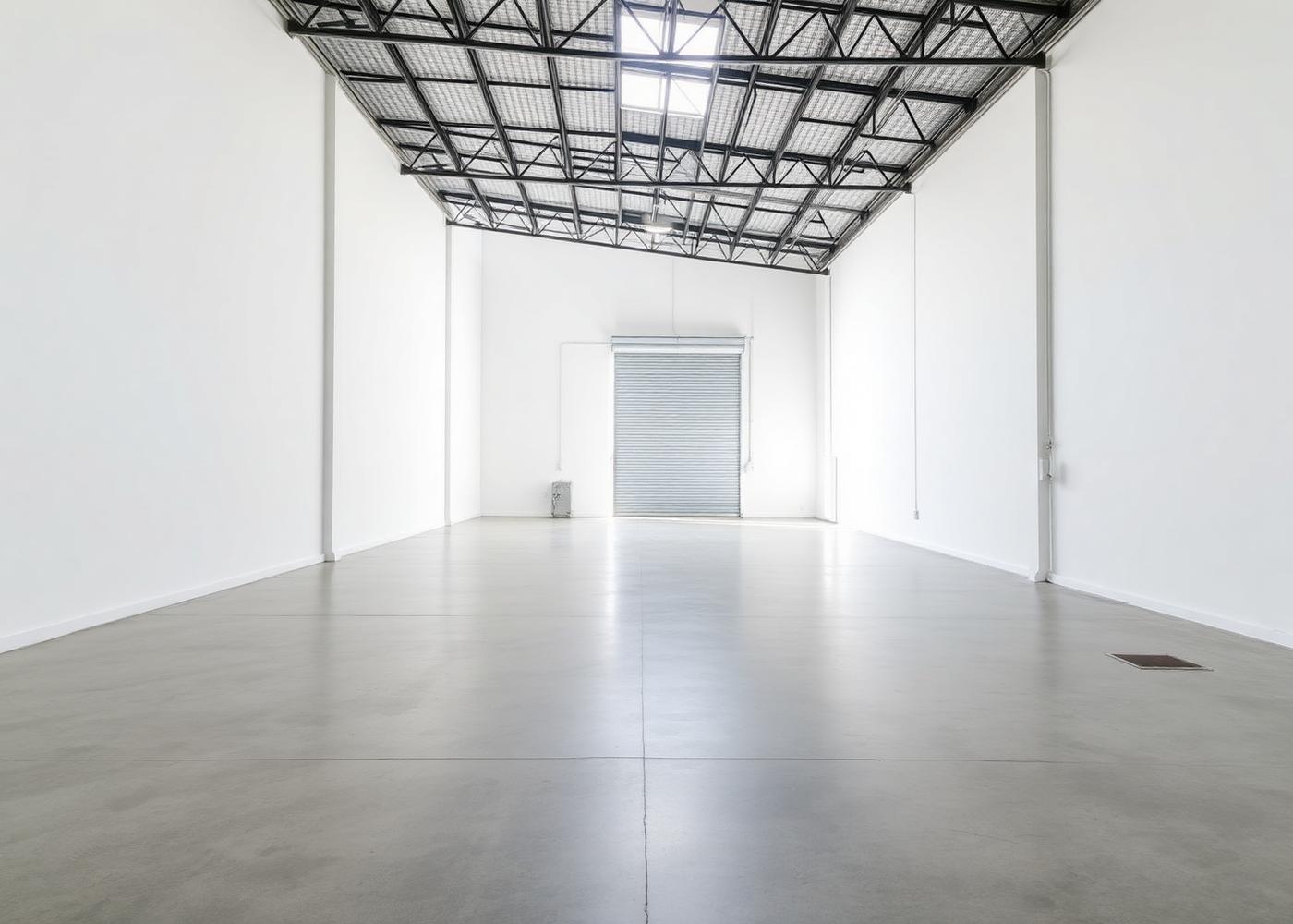 Clean, empty warehouse interior with polished concrete floor and a ground-level roll-up door